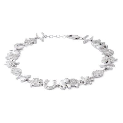 Sterling Silver 1/10 CT. T.W. Diamond Luck Theme Charm Bracelet - 6.5" + 1"