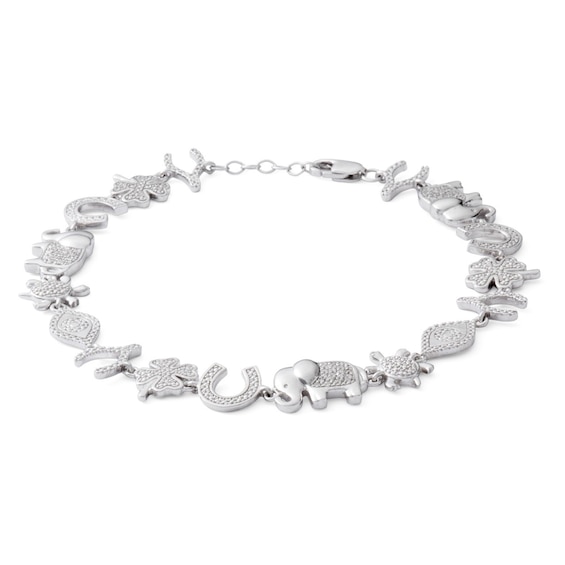 Sterling Silver 1/10 CT. T.W. Diamond Luck Theme Charm Bracelet - 6.5" + 1"