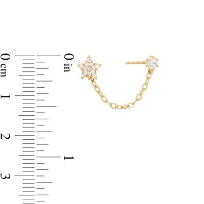 10K Solid Gold CZ Solitaire Stud with Star Stud Chain Single Earring