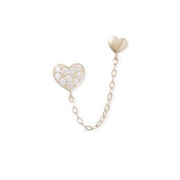 10K Solid Gold CZ Heart and Puff Heart Stud Chain Single Earring