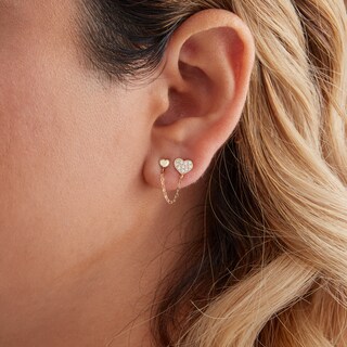10K Solid Gold CZ Heart and Puff Heart Stud Chain Single Earring
