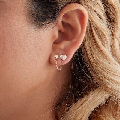 10K Solid Gold CZ Heart and Puff Heart Stud Chain Single Earring