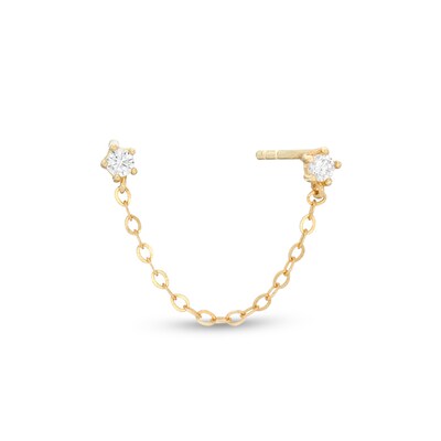 Cubic Zirconia Duo Stud with Chain Single Earring in 10K Gold