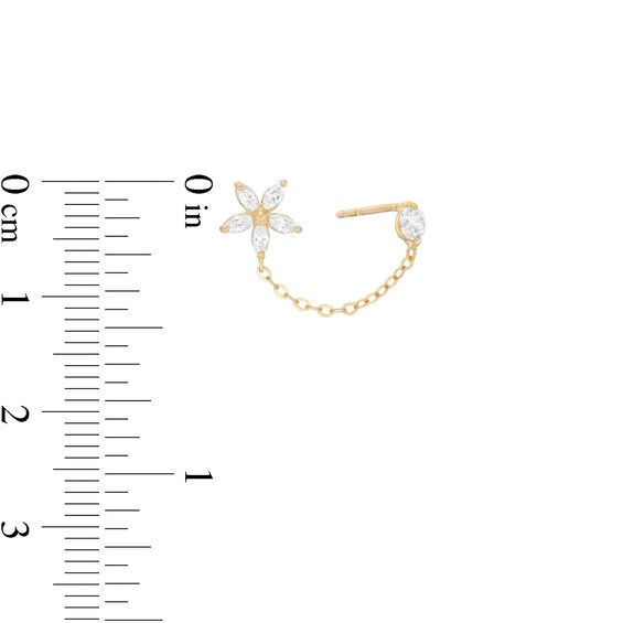Round and Marquise Cubic Zirconia Solitaire Stud with Flower Cuff Chain Single Earring in 10K Gold