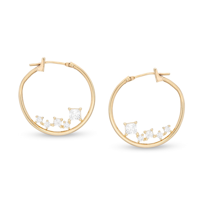 Princess-Cut and Round Cubic Zirconia Scatter 21mm Tube Hoop Earrings in 10K Gold