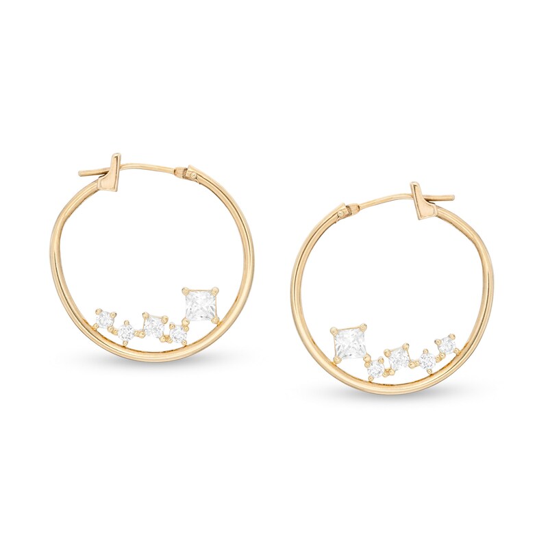 Princess-Cut and Round Cubic Zirconia Scatter 21mm Tube Hoop Earrings in 10K Gold