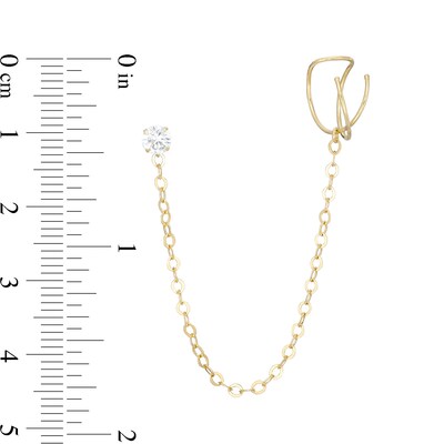 4mm Cubic Zirconia Solitaire Stud with Orbit Cuff Chain Single Earring in 10K Gold