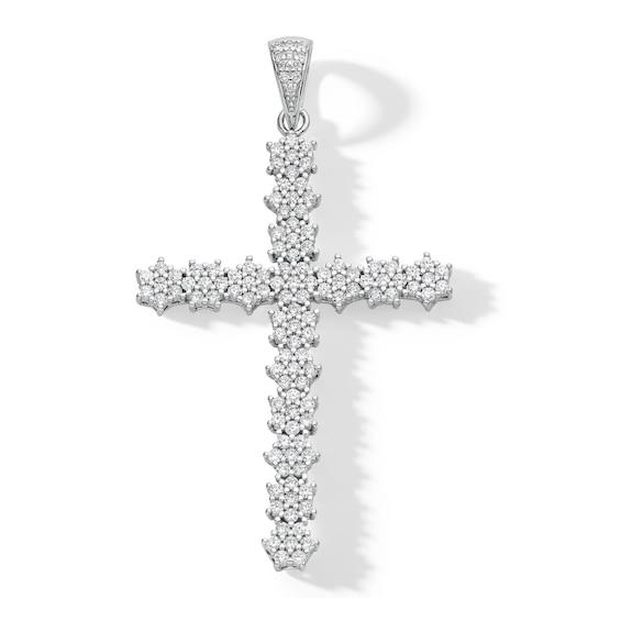 Cubic Zirconia Floral Cluster Cross Necklace Charm in Solid Sterling Silver