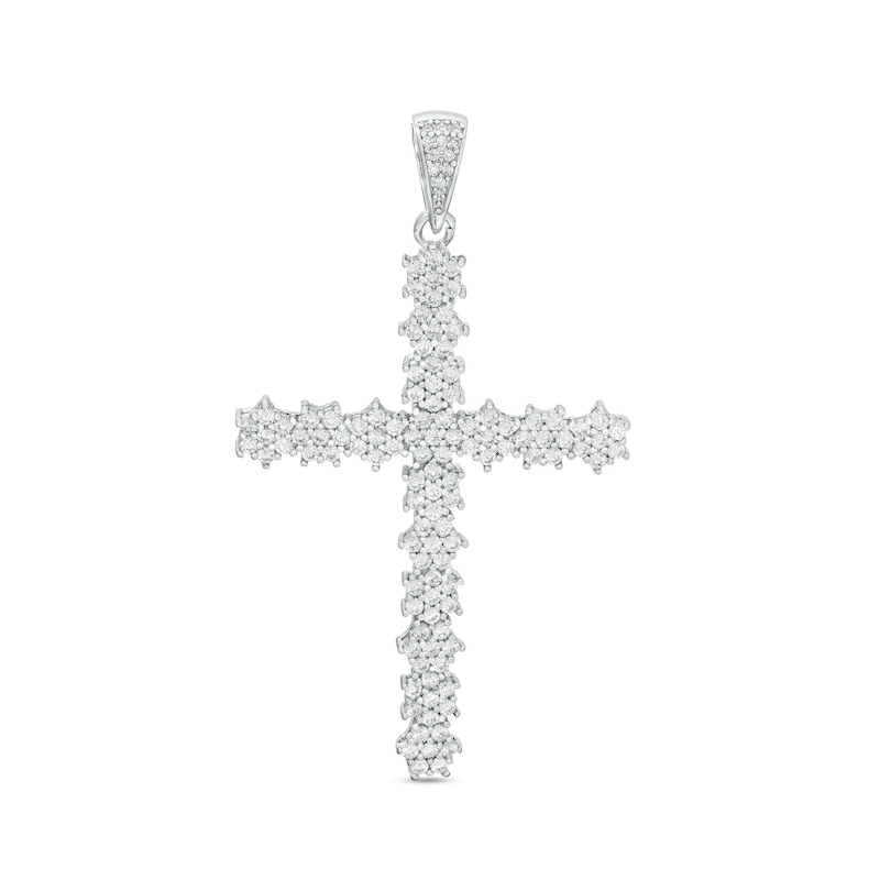 Cubic Zirconia Floral Cluster Cross Necklace Charm in Solid Sterling Silver