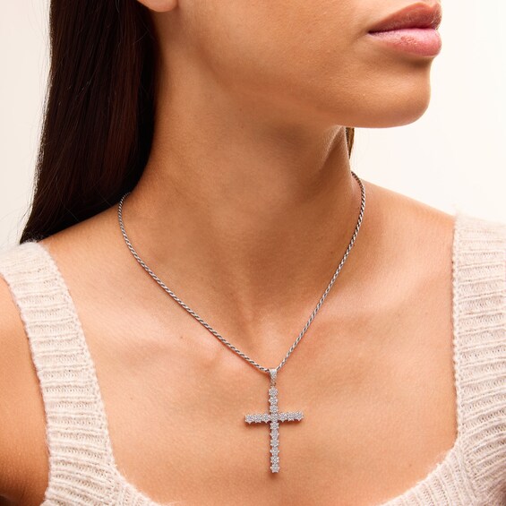 Cubic Zirconia Floral Cluster Cross Necklace Charm in Solid Sterling Silver