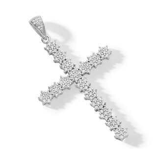 Cubic Zirconia Floral Cluster Cross Necklace Charm in Solid Sterling Silver