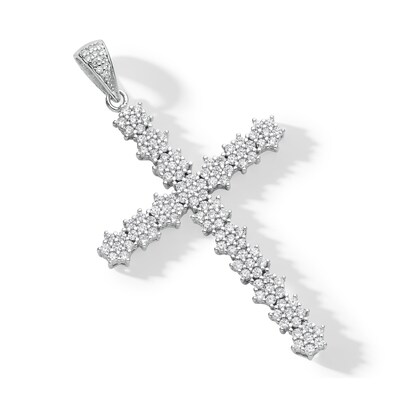 Cubic Zirconia Floral Cluster Cross Necklace Charm in Solid Sterling Silver