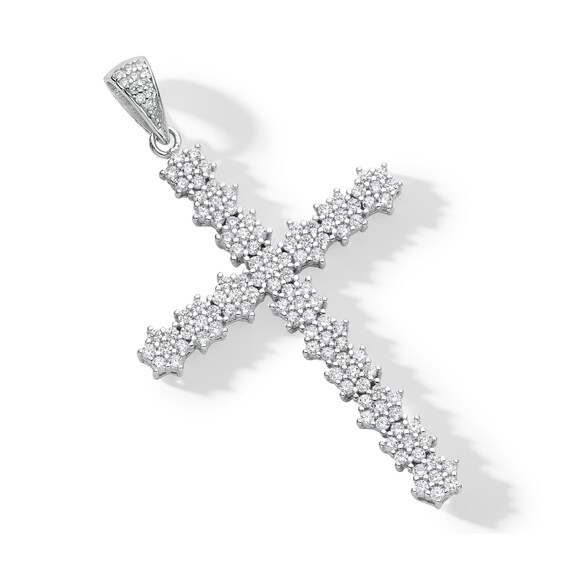 Cubic Zirconia Floral Cluster Cross Necklace Charm in Solid Sterling Silver