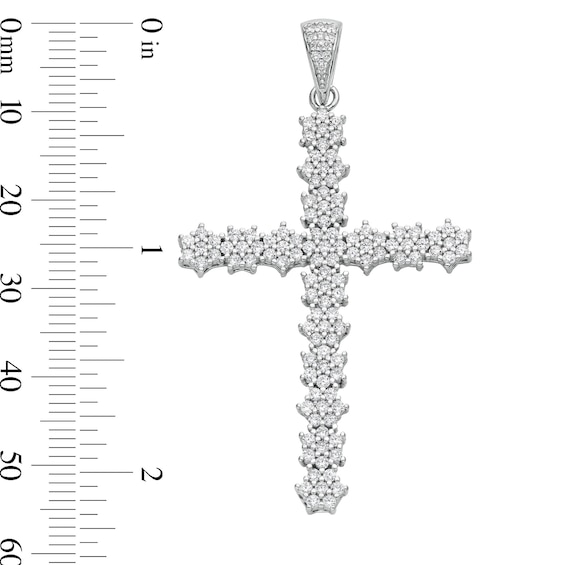 Cubic Zirconia Floral Cluster Cross Necklace Charm in Solid Sterling Silver