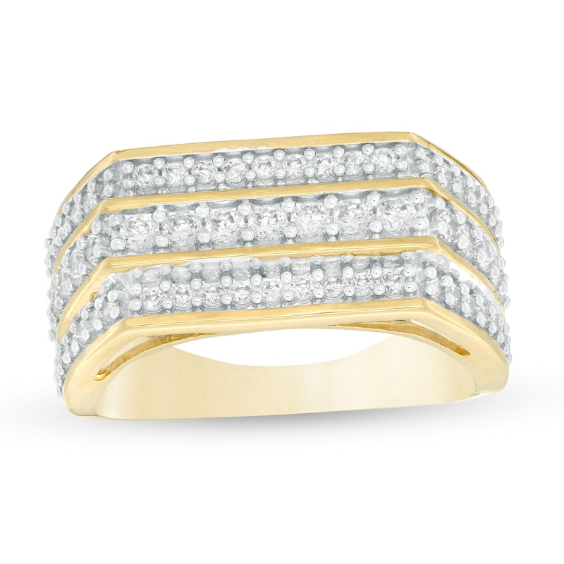 Cubic Zirconia Triple Row Rectangle Signet Ring in 10K Gold - Size 10.5
