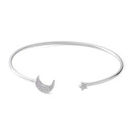 Sterling Silver 1/10 CT. T.W. Diamond Moon and Star Cuff Bracelet - 7"