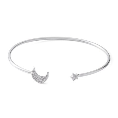 Sterling Silver 1/10 CT. T.W. Diamond Moon and Star Cuff Bracelet - 7"