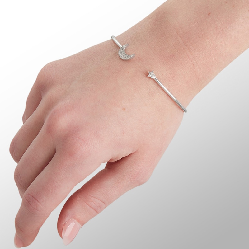Main Image 3 of Sterling Silver 1/10 CT. T.W. Diamond Moon and Star Cuff Bracelet - 7"
