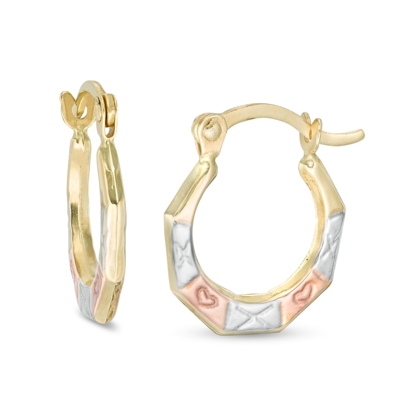 Main Image 1 of Child's "XO" Geometric Hoop Earrings in 10K Stamp Hollow Tri-Tone Gold