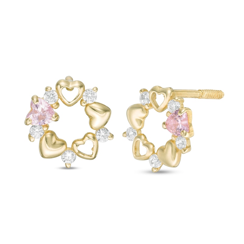 Child's Heart-Shaped Pink and White Cubic Zirconia Heart Wreath Stud Earrings in 10K Gold