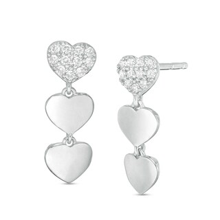 Child's Cubic Zirconia Three Hearts Drop Earrings in Sterling Silver
