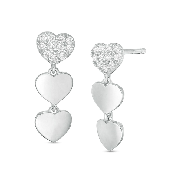 Child's Cubic Zirconia Three Hearts Drop Earrings in Sterling Silver