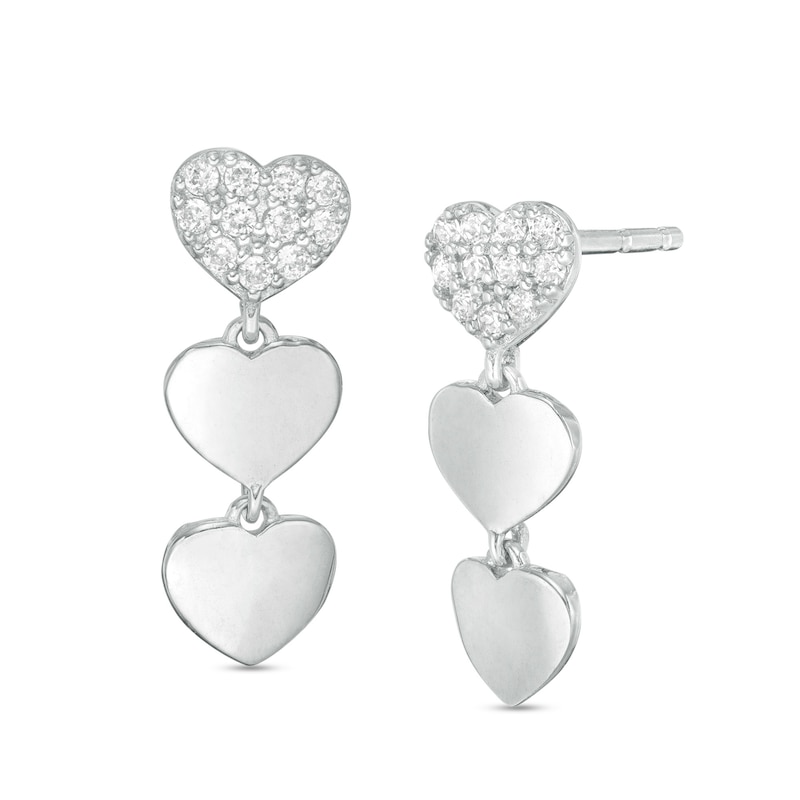 Child's Cubic Zirconia Three Hearts Drop Earrings in Sterling Silver