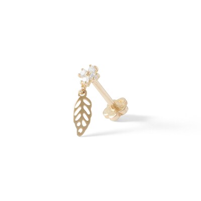 14K Tube Gold CZ Clover Cut-Out Leaf Dangle Stud - 18G 5/16"
