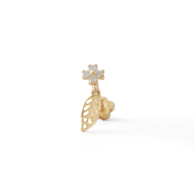 Main Image 2 of 14K Tube Gold CZ Clover Cut-Out Leaf Dangle Stud - 18G 5/16"