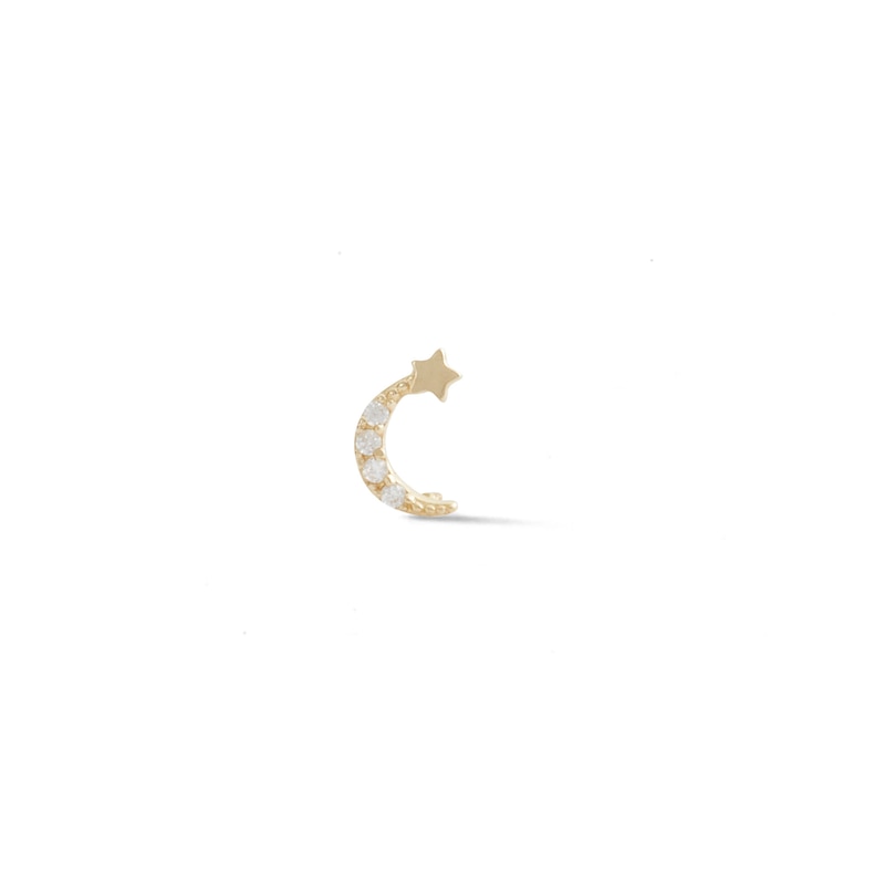 14K Gold Tube CZ Beaded Crescent Moon and Star Stud - 18G 5/16"