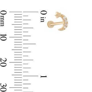 14K Gold Tube CZ Beaded Crescent Moon and Star Stud - 18G 5/16"