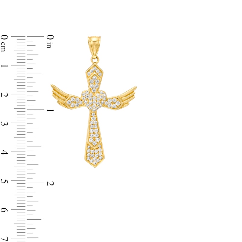 Cubic Zirconia Gothic-Style Cross with Heart and Wings Necklace Charm in 10K Gold