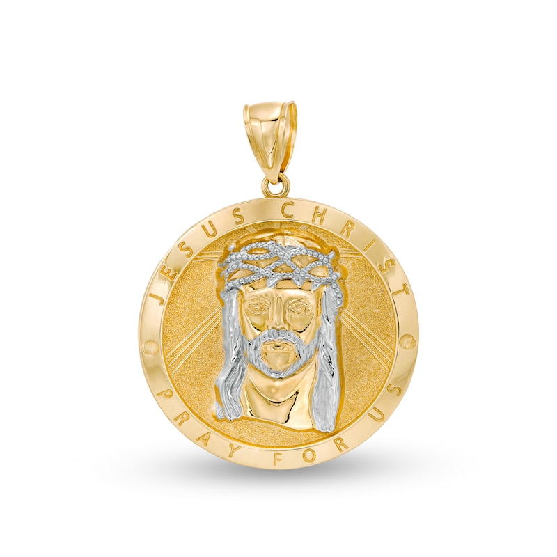 Jesus Christ "Pray for Us" Medallion Two-Tone Necklace Charm in 10K Gold