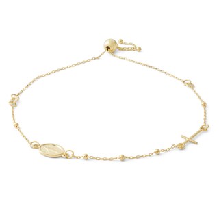 Made in Italy Sideways Virgin Mary Medallion and Cross Bead Station Bolo Bracelet in 10K Gold - 10"