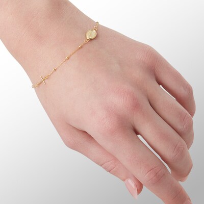 Made in Italy Sideways Virgin Mary Medallion and Cross Bead Station Bolo Bracelet in 10K Gold - 10"