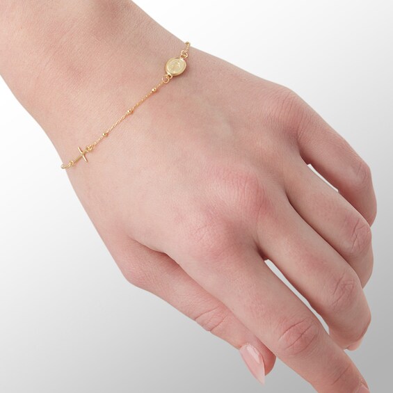 Made in Italy Sideways Virgin Mary Medallion and Cross Bead Station Bolo Bracelet in 10K Gold - 10"