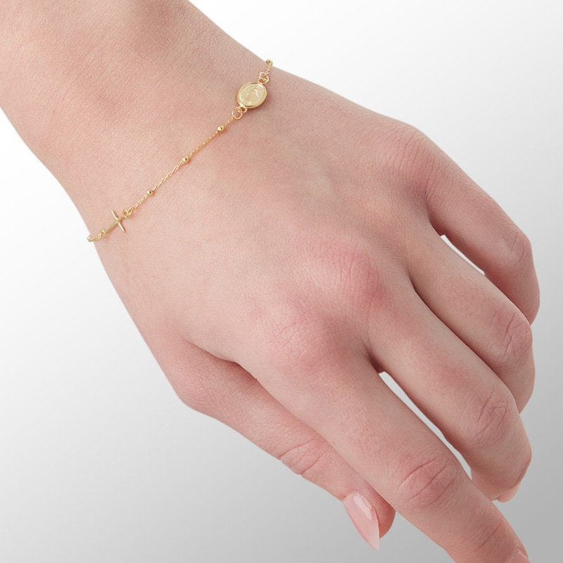 Main Image 3 of Made in Italy Sideways Virgin Mary Medallion and Cross Bead Station Bolo Bracelet in 10K Gold - 10"