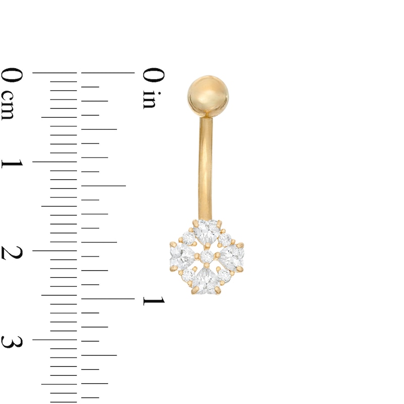 Main Image 2 of 014 Gauge 3mm Heart-Shaped and Round Cubic Zirconia Clover Belly Button Ring in 10K Gold