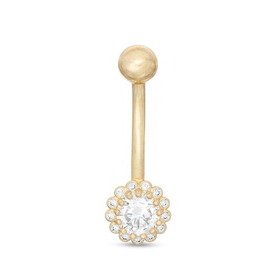 014 Gauge 5mm Cubic Zirconia Frame Flower Belly Button Ring in 10K Gold