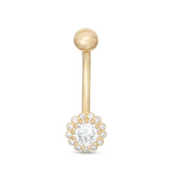 014 Gauge 5mm Cubic Zirconia Frame Flower Belly Button Ring in 10K Gold