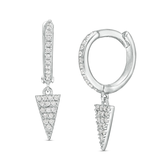 Cubic Zirconia Composite Triangle Dangle Huggie Hoop Earrings in Sterling Silver