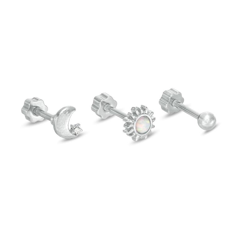 Solid Stainless Steel CZ and Lab-Created Opal Celestial Three Piece Stud Set - 18G