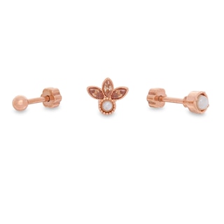 018 Gauge Simulated Pearl and Champagne Cubic Zirconia Three Piece Cartilage Barbell Set in Stainless Steel with Rose IP