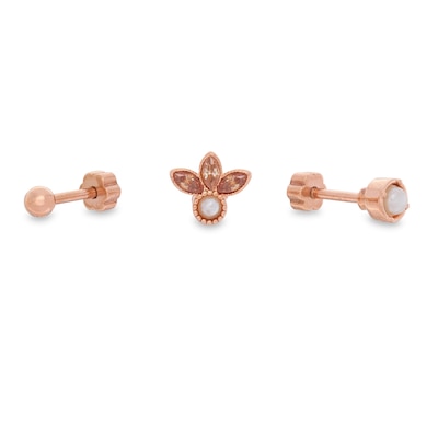 018 Gauge Simulated Pearl and Champagne Cubic Zirconia Three Piece Cartilage Barbell Set in Stainless Steel with Rose IP
