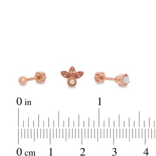 018 Gauge Simulated Pearl and Champagne Cubic Zirconia Three Piece Cartilage Barbell Set in Stainless Steel with Rose IP