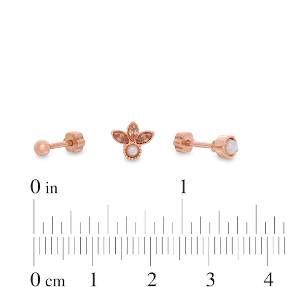 018 Gauge Simulated Pearl and Champagne Cubic Zirconia Three Piece Cartilage Barbell Set in Stainless Steel with Rose IP