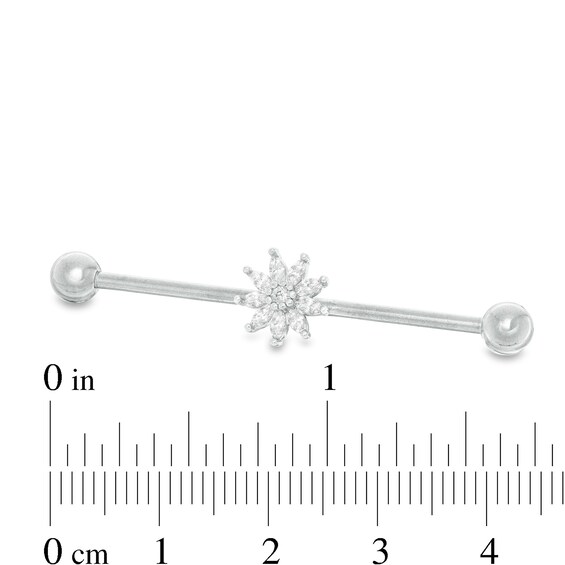 Solid Stainless Steel Marquise and Round CZ Flower Industrial Barbell - 14G