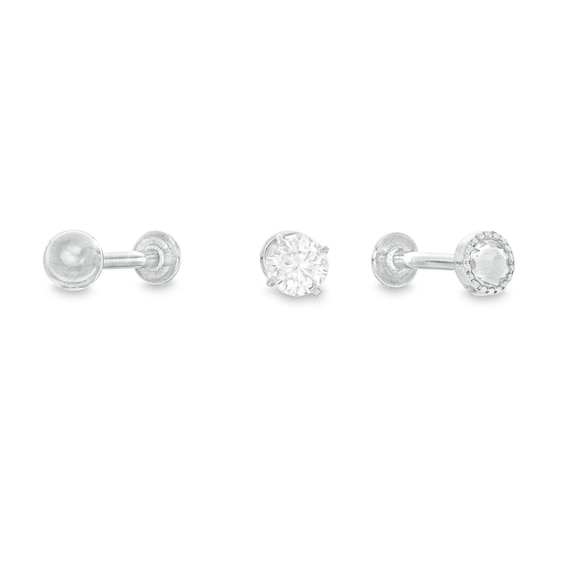 018 Gauge 4mm Cubic Zirconia and Ball Three Piece Cartilage Barbell Set in Stainless Steel