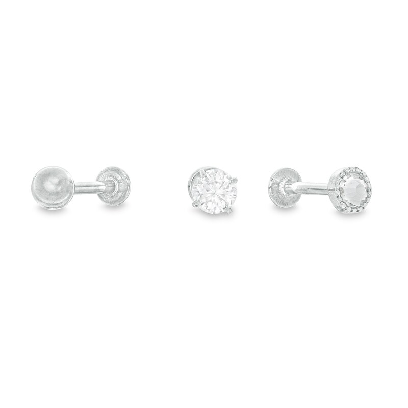 018 Gauge 4mm Cubic Zirconia and Ball Three Piece Cartilage Barbell Set in Stainless Steel