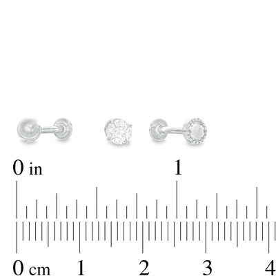 018 Gauge 4mm Cubic Zirconia and Ball Three Piece Cartilage Barbell Set in Stainless Steel
